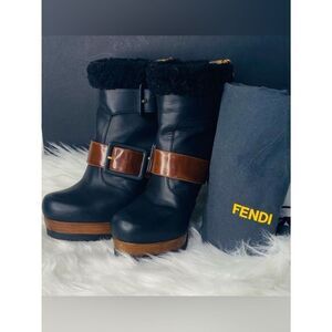 FENDI Moorland Authentic Black & Brown Leather Platform Ankle Boots Size 37